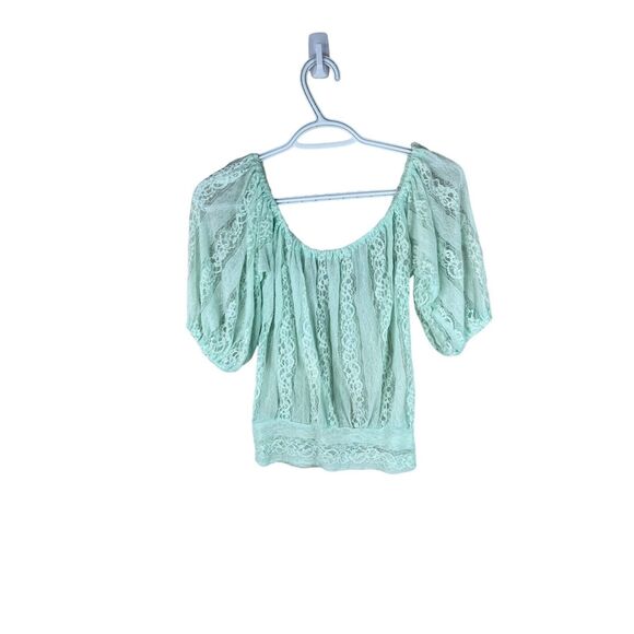 Young Fabulous and Broke Mint Green Lace Off-The-Shoulder Top Womens Boho Chic M - Picture 1 of 15